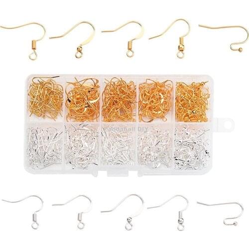 1 Box Five Styles Brass Earring Hooks, Golden and Silver, 16~21x12~19mm, Hole: 2mm, Pin: 0.6mm; about 20pcs/compartment