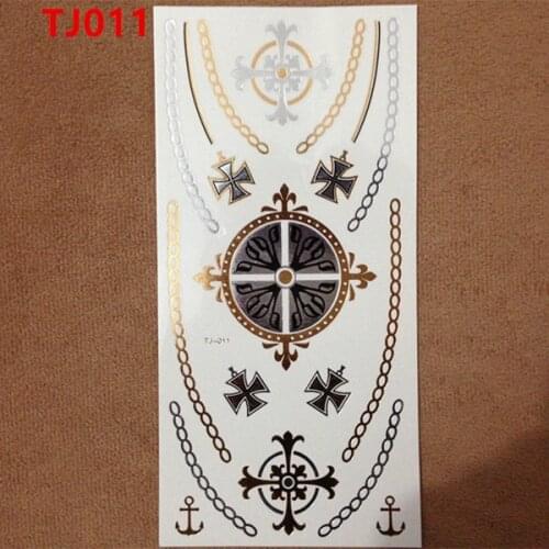 1PC Flash Metallic Waterproof Temporary Tattoo Gold Silver Men Women Henna Circle Cross Necklace Design Tattoo Sticker TJ-011