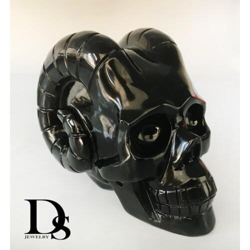 1000g High Quality Natural Black Obsidian Horn Devil Skull Figurine Hand-Carved Quartz Crystal Skull Healing Crystal Home Crafts