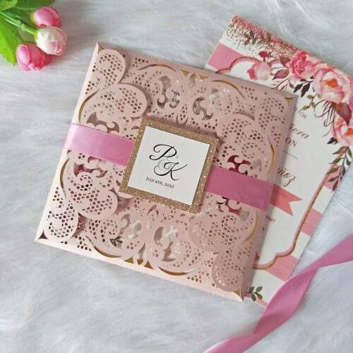 2020 Blush Pink Personalized Print Laser Cut Wedding Invitation with Gold Mirror Bottom and Ribbon and Tag DIY Greeting Card