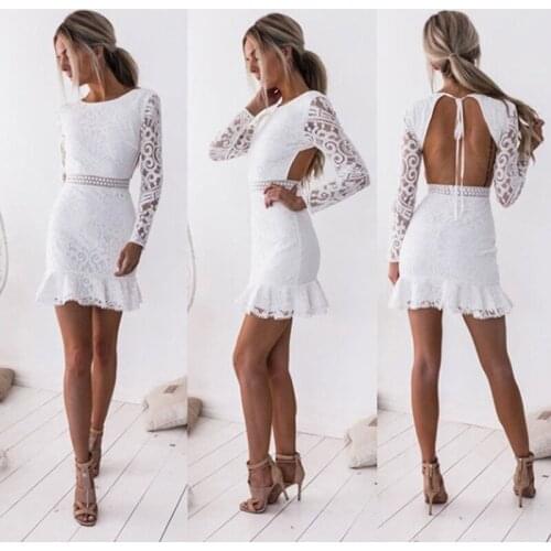 2021 Sexy Dresses Woman Backless Hips Slim Long Sleeve Lace Dress Women Solid Lace Bodycon Slim Mini Dress Casual Party Dress