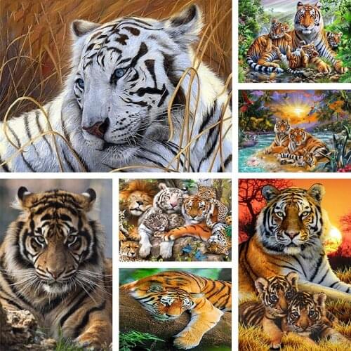 5D DIY Diamond Painting "Cross Stitch Tiger" Round Diamond Embroidery Home Decor Gift Tiger Family Landscape