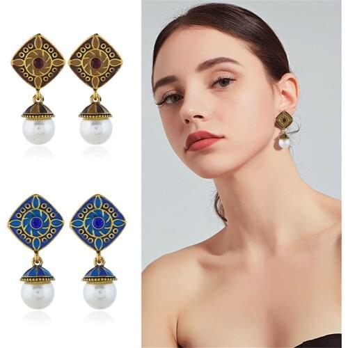 CRLEY Vintage India Ethnic Pearl Dangle Enamel Drop Earrings Hanging for Women Jewelry Accessories Wedding Party Ornaments