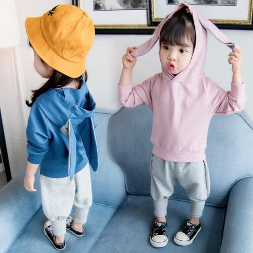 Girls Rabbit Ears Set 2018 Korean Childrens New Hooded Long-sleeved Sweaters + Foot Trousers 2pcs Suit Baby Clothes Cute Sets