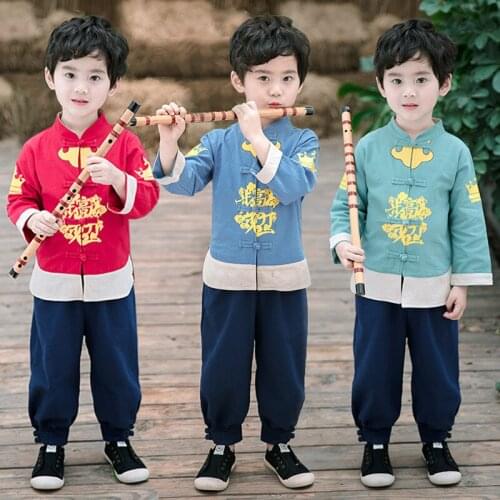 Kids Traditional Chinese Clothing Set Boy Girl Cute Retro Tang Suit Children Oriental Cotton Linen Qipao Tops Shirts Harem Pants