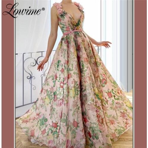 Floral Print Long Prom Dresses V Neck With Handmade Flowers A-Line Wedding Party Dress Abendkleider Formal Dubai Evening Gowns