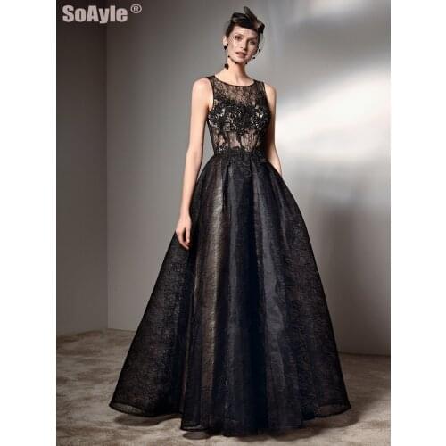 Elegant Sleeveless Lace Evening Dress for Wedding Guest Women Black Sexy Transparent Prom Gown Plus Size Vestido De Festa SoAyle