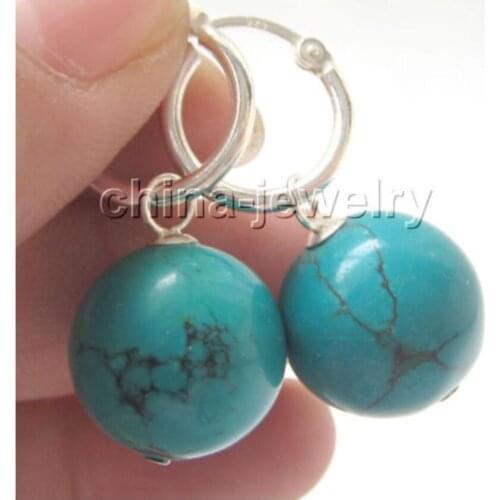 Hot sale Beautiful 14mm natural round turquoises earring - 925 silver hoop