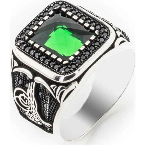 Square Green Zircon Stone Ottoman Monogram Sterling Silver Ring