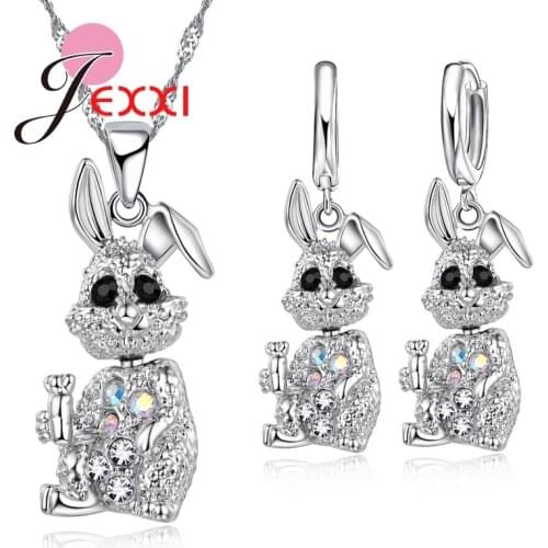 925 Sterling Silver Pendant Necklace Jewelry Set For Women Rabbit Cute Crystal Earrings Bridal Jewelry Set Band Bijoux