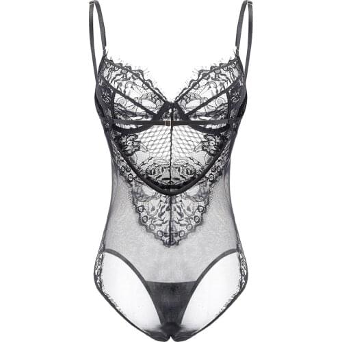 JYF Sexy Ultra-thin Patchwork Lace Onesies Sleepwear Europe Sexy Soft Womens Transparent Pajamas Push Up Underwire Underwear