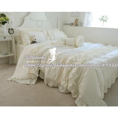 2 set Princess Solid Color 100% Cotton Bedding 3-Piece Set Ruffled White Bed Skirt