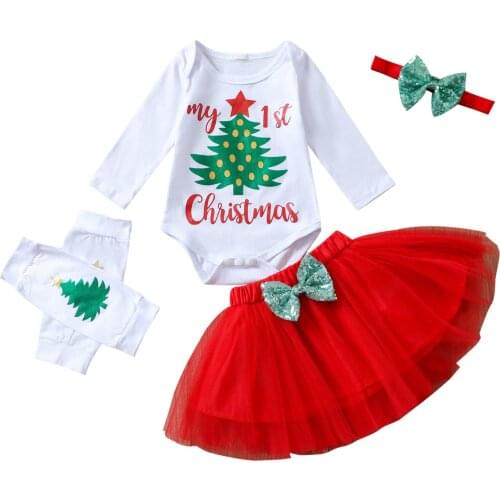 Infant Baby Girl Suit Set, Christmas Tree Print Round Neck Long Sleeve Romper+ Bowknot Skirt+ Headband+ Foot Cover, 0-24 Months