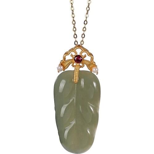 S925 sterling silver gold-plated natural Hetian gray jade pearl pendant graceful personality leaves womens pendant