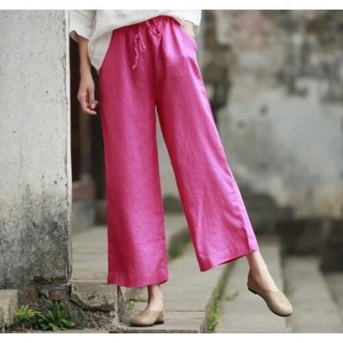 Wind Flax Plain Sand Washing Of Broad-legged LinenTrousers Do Used Pulling Rope Leisure Time Nine Part Pants Easy Knicker