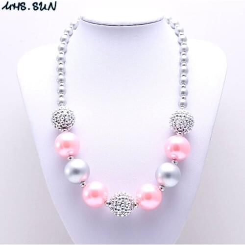 MHS.SUN 1PC Newest Grey+Pink Color Kid Chunky Necklace Fashion Girl Children Bubblegum Bead Chunky Necklace Toddle Kid Jewelry