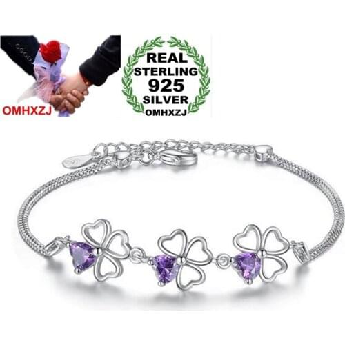 OMHXZJ Wholesale Romantic Fashion Sweet For Woman Girl Party Gift Purple Leaves Zircon 925 Sterling Silver Bracelet Bangle SZ110
