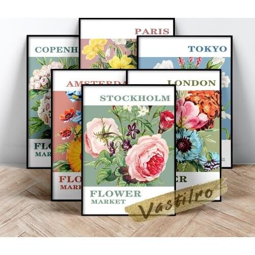 Flower Market Poster, Stockholm Tokyo Paris Copenhagen London Amsterdam Flower Market Prints, Capital City Flower Leaf Painting