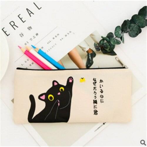 Simple Cat cartoon creative canvas bag female student bulk zippered pencil case pencil bag wholesale