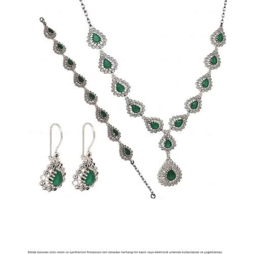 Silver Drop Filigree Stem Emerald Set Jewelry