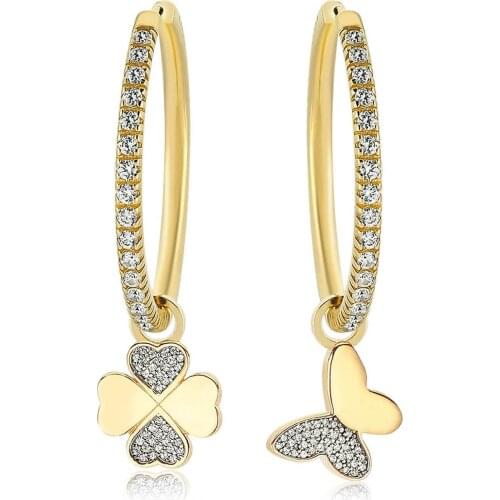 Valori Jewels Clover And Butterfly, Zirconia White Gemstone, Gold Plated, Sterling Silver Large Hoop Charm Earrings