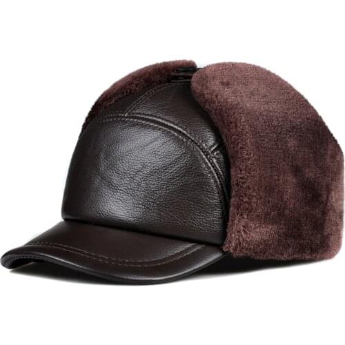 Winter Men 100% Genuine Leather Faux Fur Hat Male Warm Tag Thick Velvet Bomber Hats Elderly Earflap Moto Windproof Snow Caps