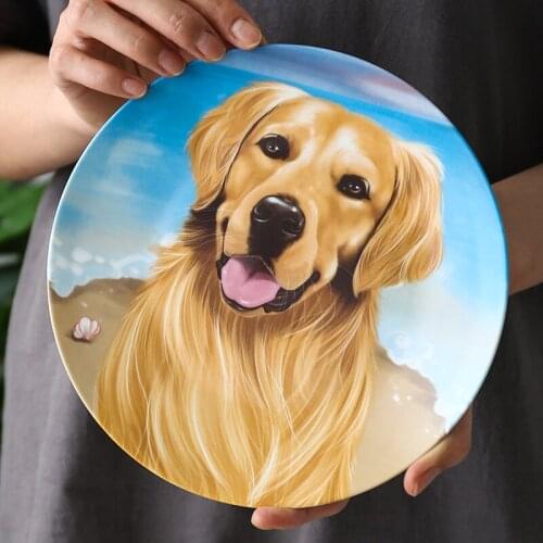 Golden Hair Dog Plate Decorative Wall Plate Holder Dish Plate Hanging Porcelain for Dinner Serving Cute Bone China Birthday Gift