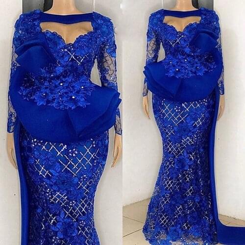 Nigerian Royal Blue Evening Dresses Long Luxury 2021 Long Sleeves Peplum Appliques Beads Aso Ebi Prom Dress For Formal Vestidos