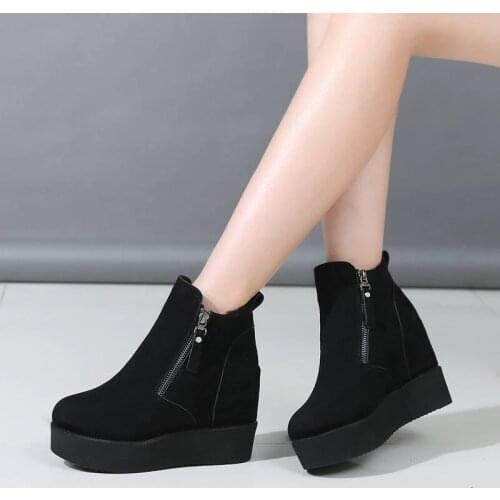 Women Boots Faux Suede Leather Wedge Platform Boots Hidden Heel Shoes High Top Casual Shoes for Woman Ankle Boot C415