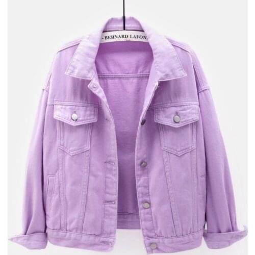 Women Jackets 2021 New Spring Purple Pink Outwear Denim Coat Turn Down Collar Cotton Short Jacket for Female Plus Size S-3XL