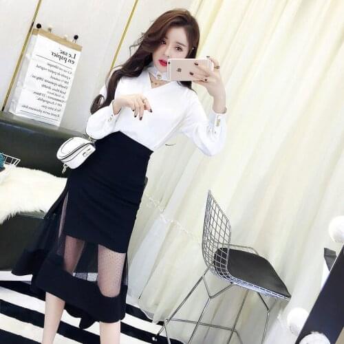 Women 2021 Early Autumn New Two Piece Sets Female Stand Collar Pullover Shirts Ladies High Waist Lace Patchwork Skirt Suits T282
