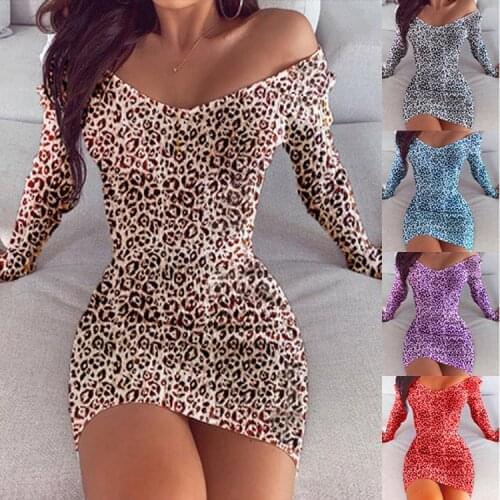 Women Autumn Sexy V Neck Mini Dress Casual Long Sleeve Leopard Print Lady Pencil Dress Fashion Female Bodycon Party Club Dresses