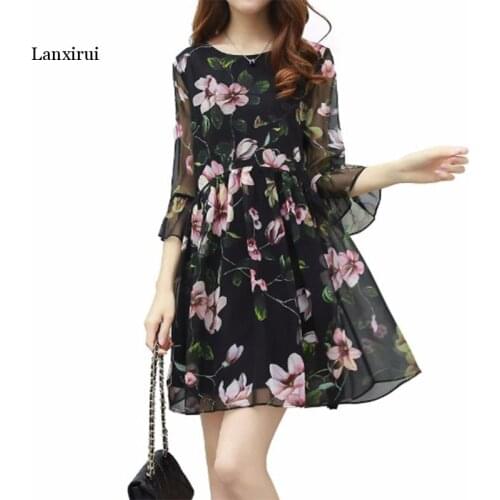 O-neck mid length dress womens Floral Chiffon dress casual knee length elegant dress