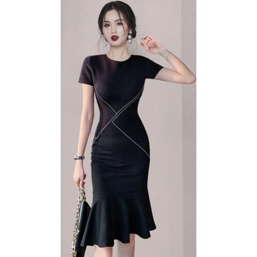 2021 Korean Womens Ruffles Mermaid Dress Elegant Short Sleeve OL Office Wear Party Bodycon Dress Vestidos