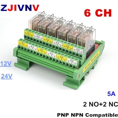 6 Channel 2NO+2NC Rail Mounting Interface Relay Module 12V 24V DC Interface Relay Module PNP NPN Compatible
