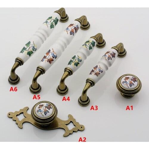 96mm 128mm vintage rural green flower ceramic dresser kitchen cabinet door handles pulls antique brass drawer shoe cabinet knobs