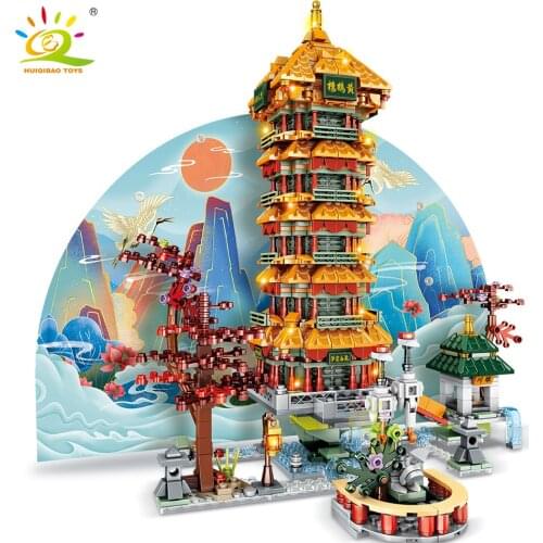 HUIQIBAO Yellow Crane Tower TengWang Pavilion Chinese Ancient Architecture Building Blocks City Street View Bricks Children Toys