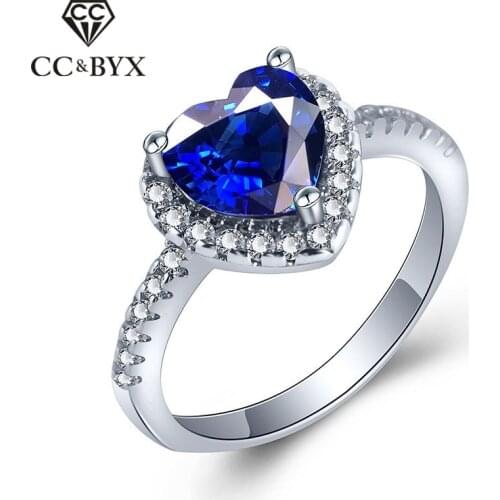 CC Silver Rings For Women Bridal Wedding Luxury Jewelry Engagement Blue Heart Cubic Zirconia Ring Vintage Bijoux Femme CC891