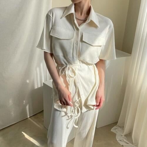 Summer Casual Loose Two Piece Set Women Outfits Short Sleeve Bandage Shirt and High Waist Long Pant Suits Conjuntos De Mujer