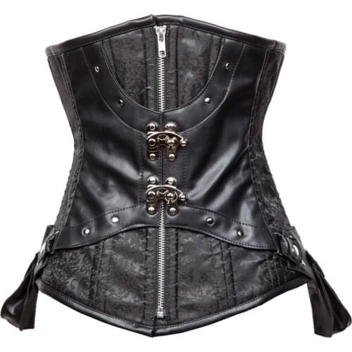Rock Punk Black Brocade Leather Steampunk Zipper Underbust Corset Sexy Corselet Steel Boned Corsets Bustiers Gothic Clothing