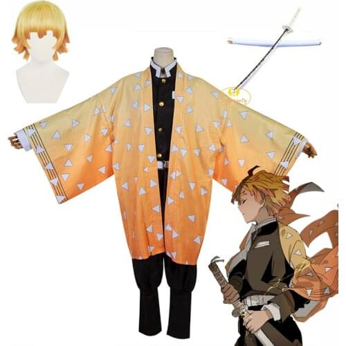 Anime Demon Slayer Agatsuma Zenitsu Cosplay Costume Cloak Belt Sword Katana Kimetsu No Yaiba Yellow Wig Halloween Party Wear