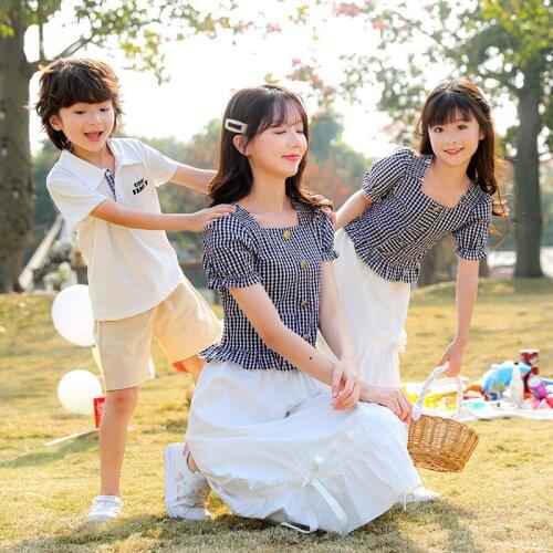 Mother son outfits mom and daughter black plaid shirt cotton white skirt summer holiday family clothes t shirt short pants set