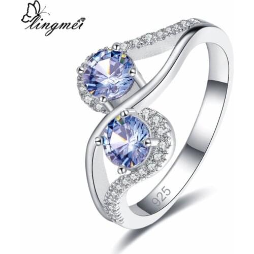 Lingmei Wholesale RoundRainbow Red White Cubic Zircon Fashion Wedding Jewelry Silver ColorRing Size 6-9 Christmas