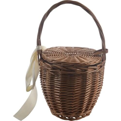 Fashion Summer New Women Beach Basket Straw Hand Bag Cover Handbag Wicker Handmade Small Women Bohemia Tote Travel Clutch(Brown)