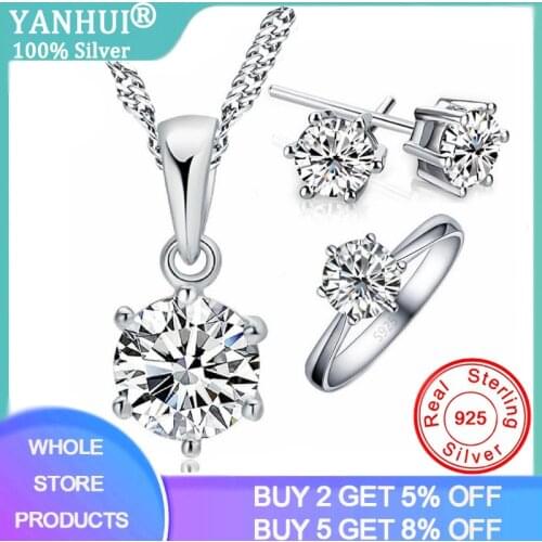 YANHUI 925 Sterling Silver Bridal Jewelry Sets For Women Accessory 6mm Zirconia Diamond Necklace Rings Stud Earrings Set Gift
