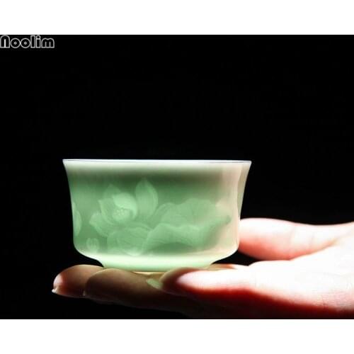 NOOLIM 80ml Ceramic Hand-Carved Lotus Dragon Teacup Jingdezhen Celadon Master Tea Cups Creative Office Kung Fu Drinkware