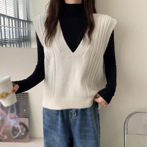 New Korean Knitted Sweater Vests Woman Casual Solid Color Loose Sleeveless Sweater Vests Womens Clothing