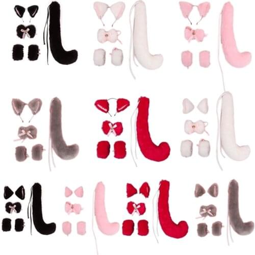 Handmade Cat Ears Hairpin Hair Hoop Plush Collar Tail Set Sweet Kawaii Bowknot Bells Gothic Cosplay Halloween Dress up