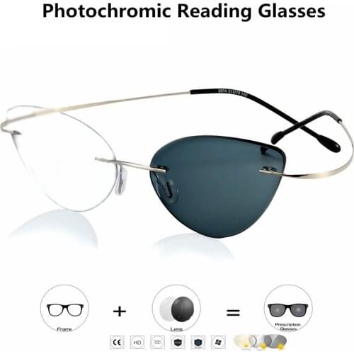 +1.25 1.50 1.75 2.5 Cat Eyes Transition Sun Photochromic Reading Glasses Women Ultra Light Alloy Rimless Presbyopia Eyewear