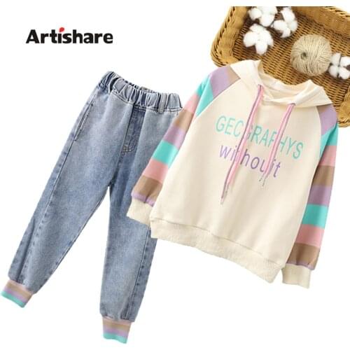 Girls Clothing Coat + Jeans Girls Clothing Striped Pattern Clothes For Girl Patchwork Childrens Tracksuits 6 8 10 12 14